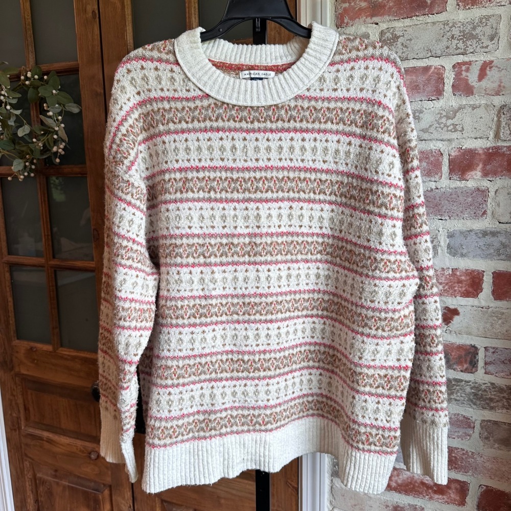 American Eagle Sweater Womens Cream Tan Coral Fair Isle Striped Knit Rustic L